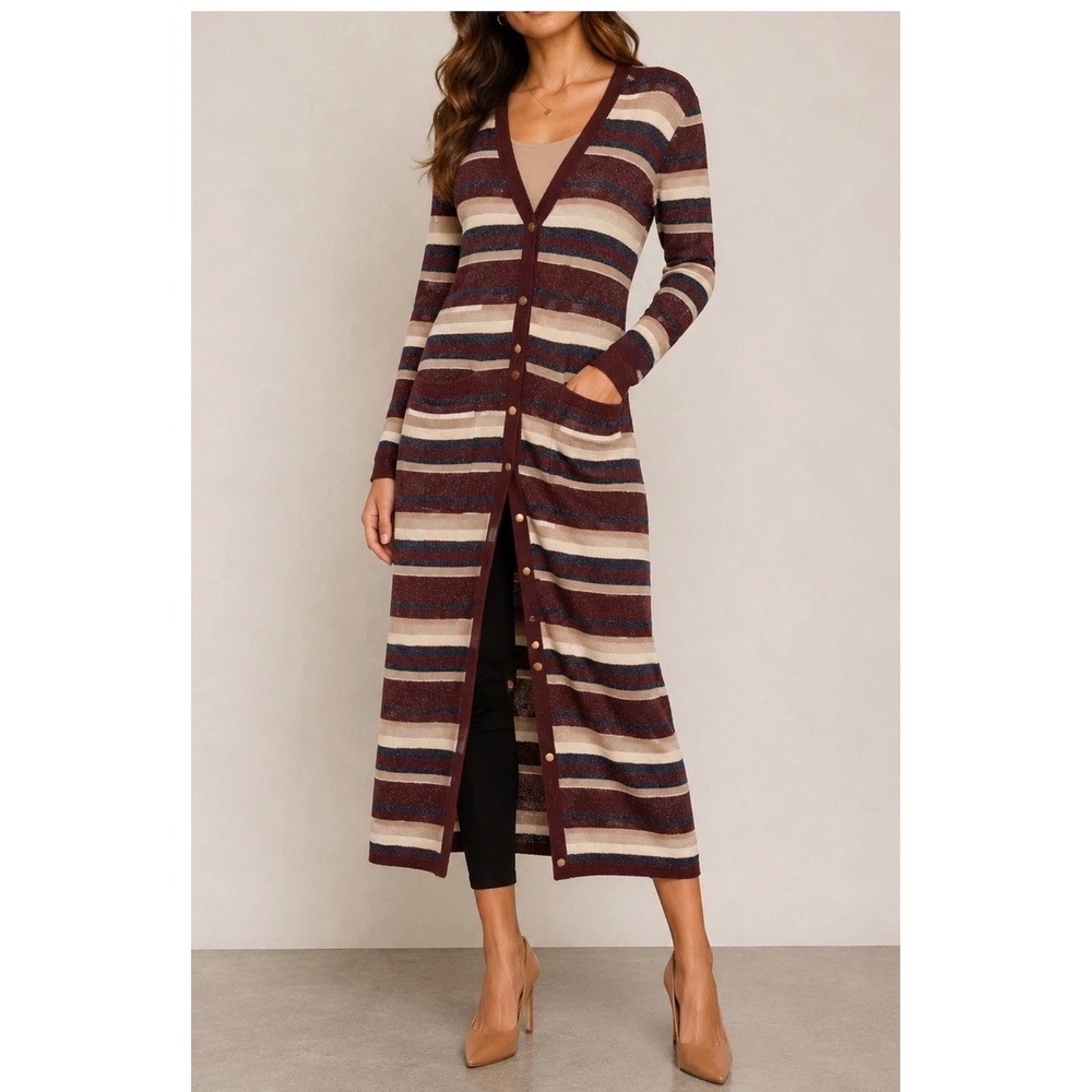L'AGENCE Striped Metallic Duster Cardigan Burgundy Navy Gold Shimmer Small